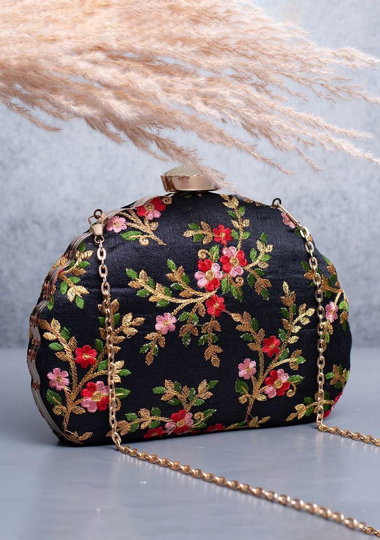 Black Satin Floral Embroidered Box Clutch - Indya