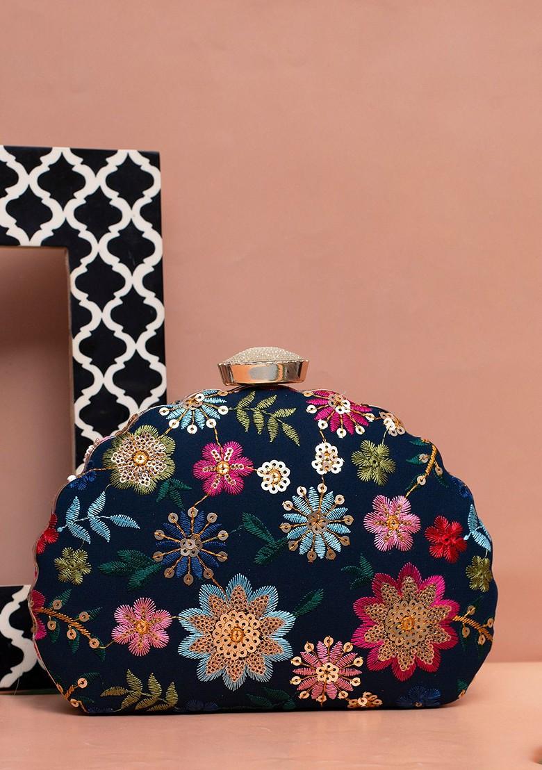 Blue Satin Floral Embroidered Box Clutch - Indya