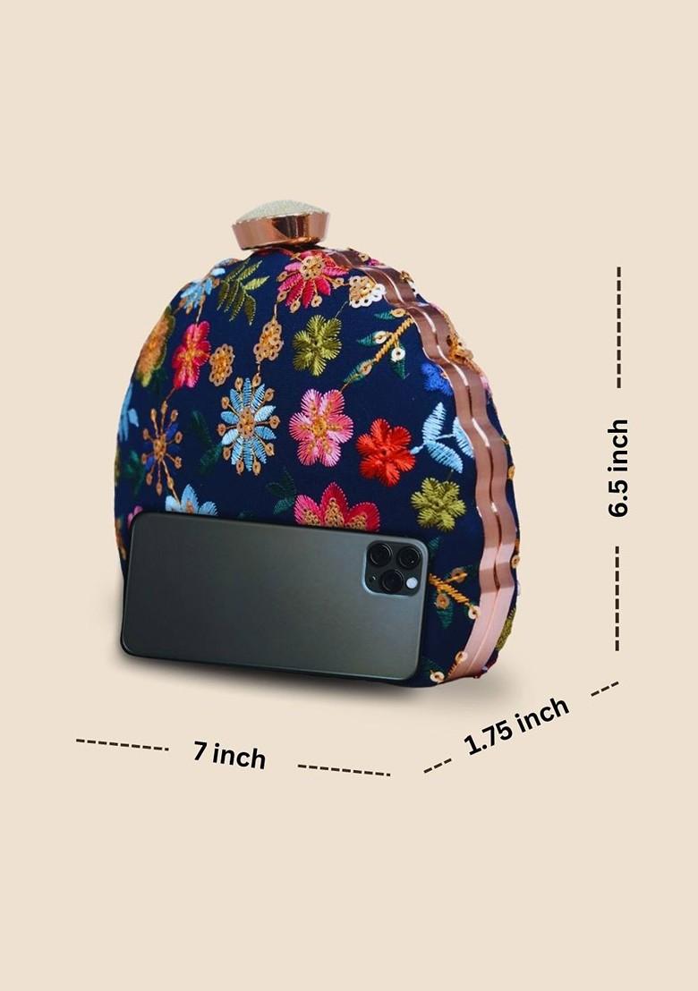 Blue Satin Floral Embroidered Box Clutch - Indya