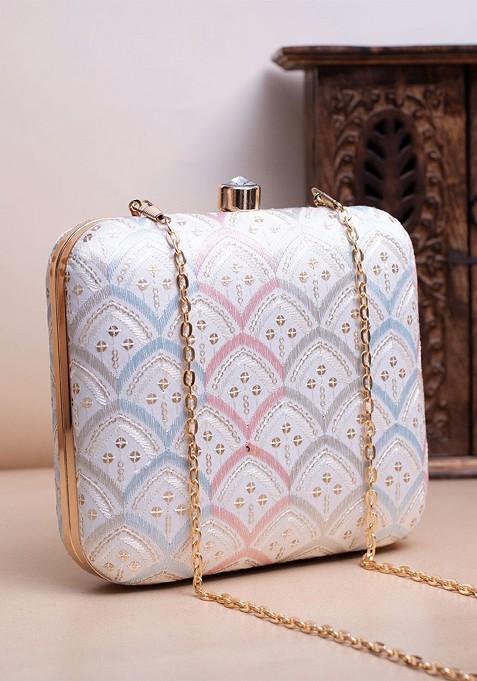 White Satin Embroidered Embellished Box Clutch