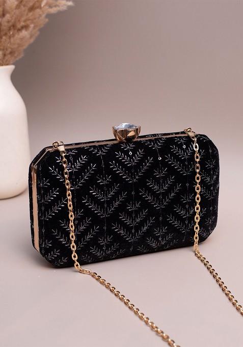 Black Satin Embroidered Sequins Box Clutch