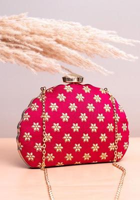 Red Satin Floral Embroidered Box Clutch