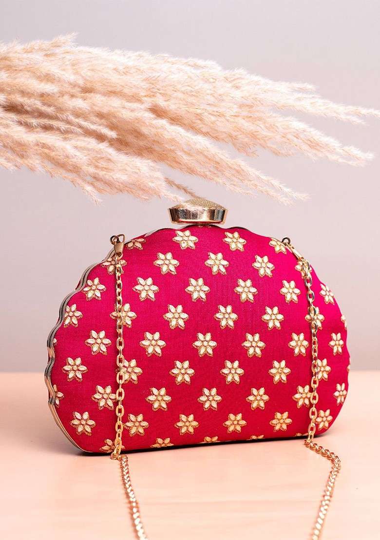 Red Satin Floral Embroidered Box Clutch - Indya
