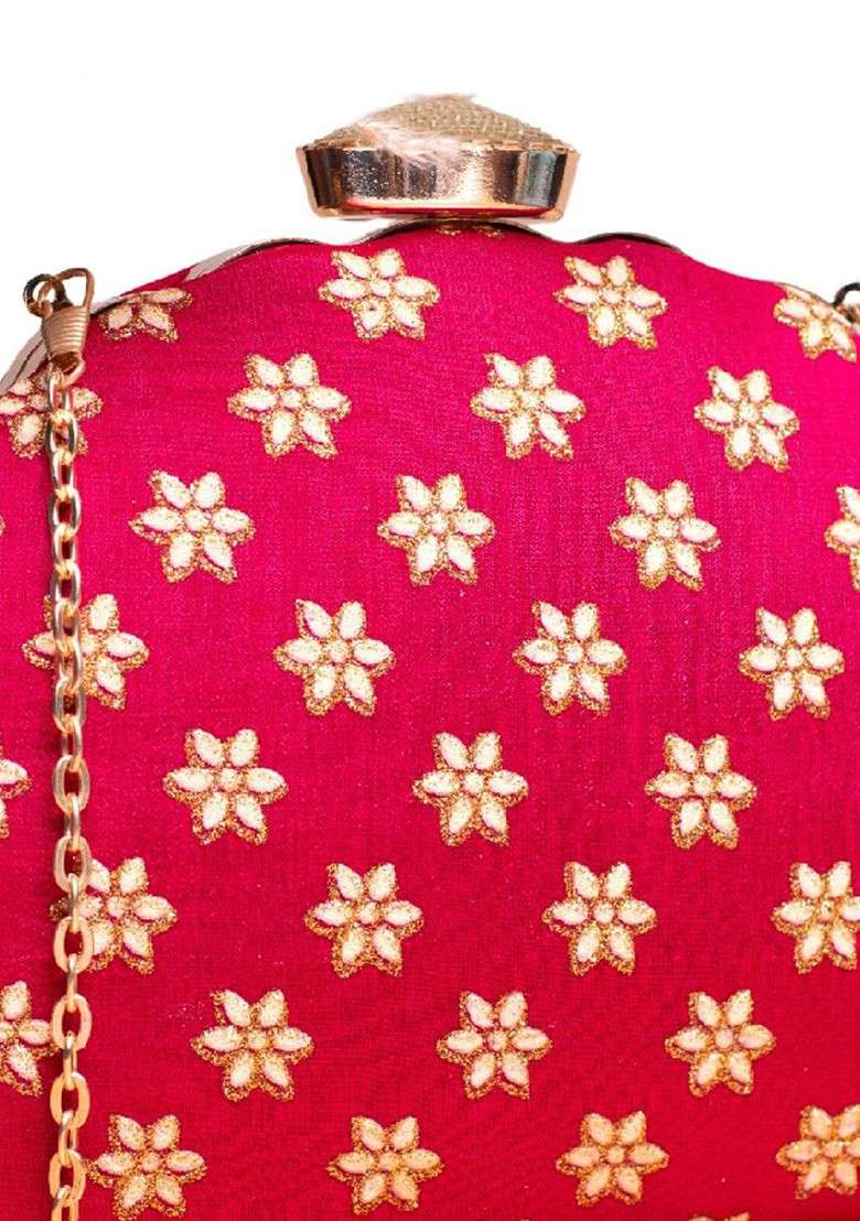 Red Satin Floral Embroidered Box Clutch - Indya
