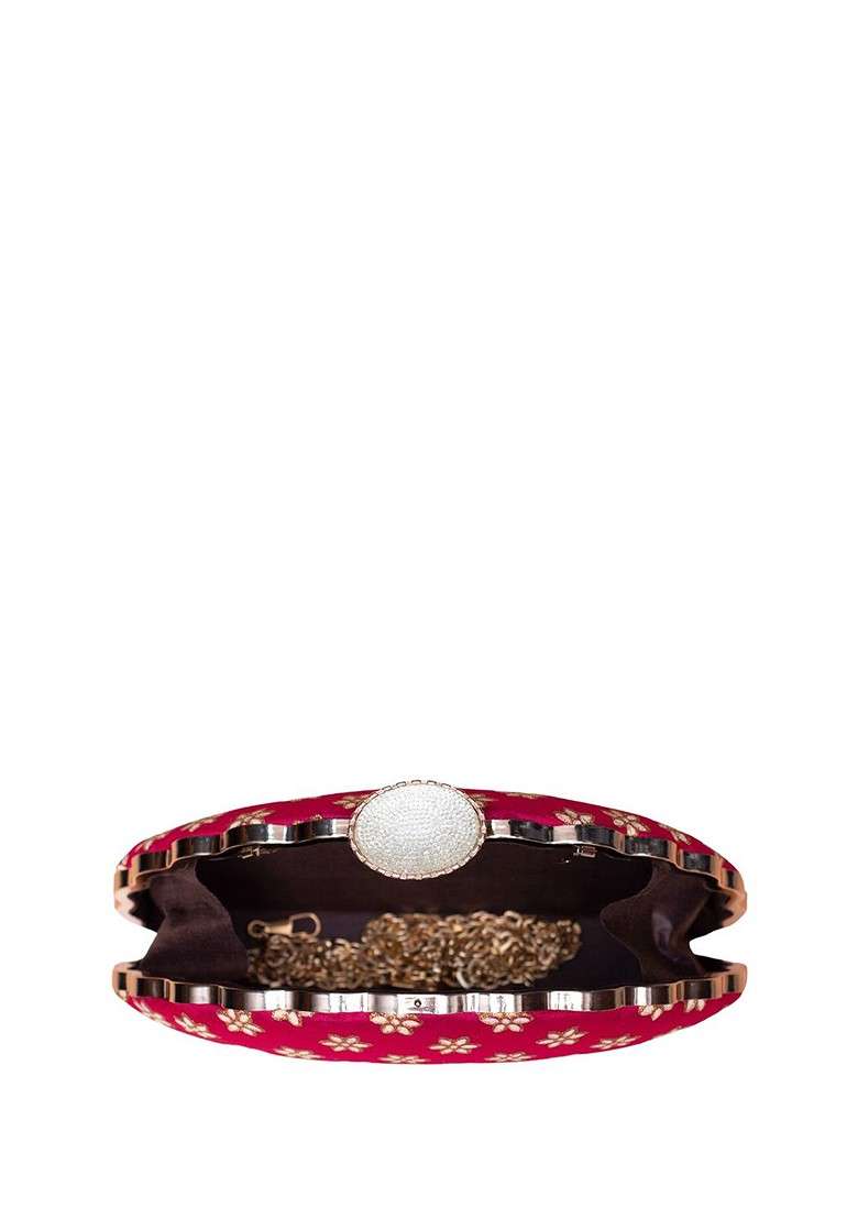 Red Satin Floral Embroidered Box Clutch - Indya