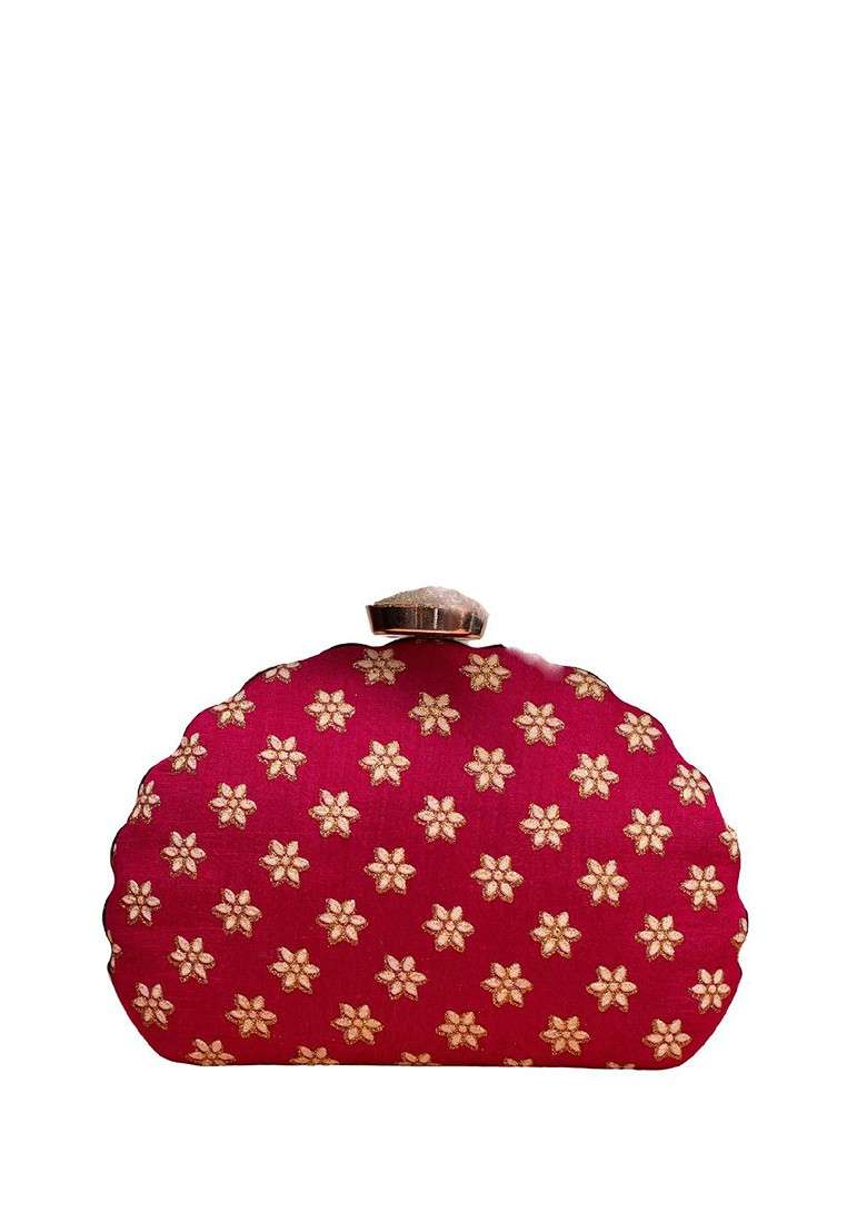 Red Satin Floral Embroidered Box Clutch - Indya