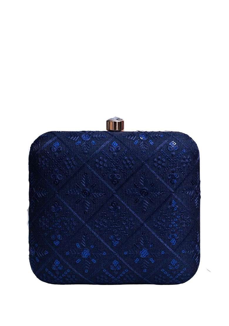 Navy Blue Satin Embroidered Embellished Box Clutch - Indya