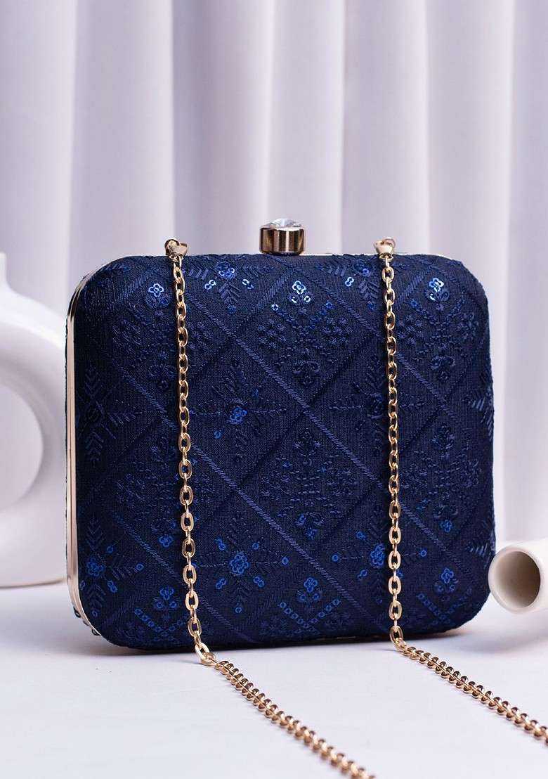 Navy Blue Satin Embroidered Embellished Box Clutch - Indya