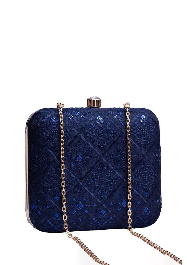Navy Blue Satin Embroidered Embellished Box Clutch - Indya