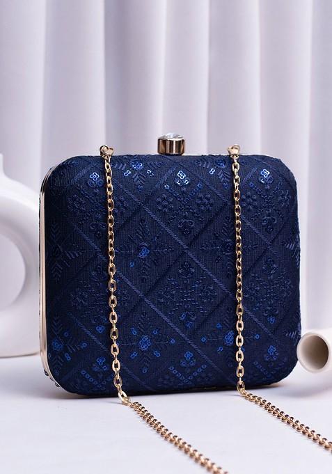 Navy Blue Satin Embroidered Embellished Box Clutch