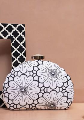White Satin Floral Embroidered Box Clutch