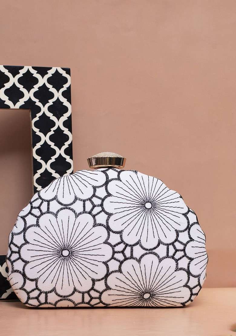 White Satin Floral Embroidered Box Clutch - Indya