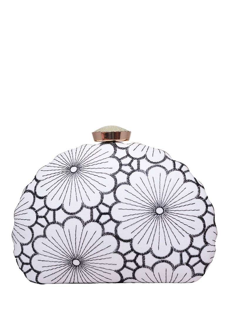 White Satin Floral Embroidered Box Clutch - Indya