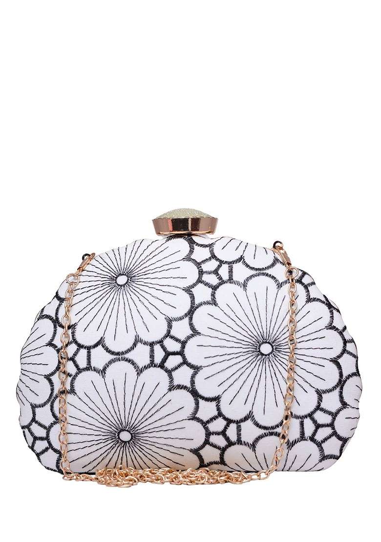 White Satin Floral Embroidered Box Clutch - Indya