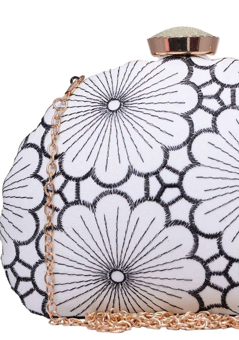 White Satin Floral Embroidered Box Clutch - Indya
