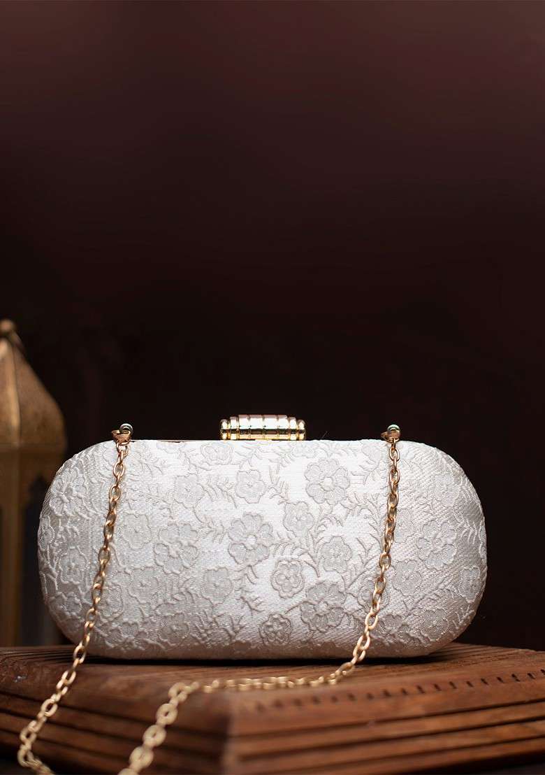 White Satin Embroidered Box Clutch - Indya