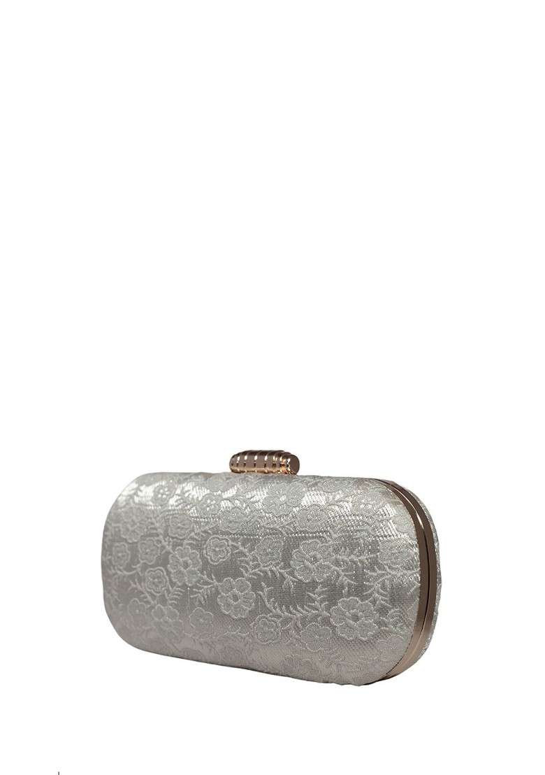 White Satin Embroidered Box Clutch - Indya