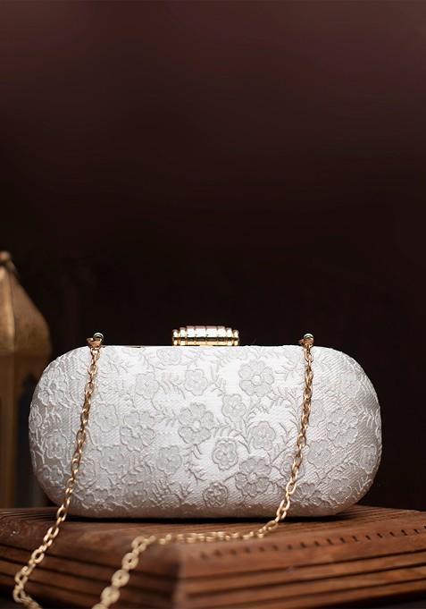 White Satin Embroidered Box Clutch