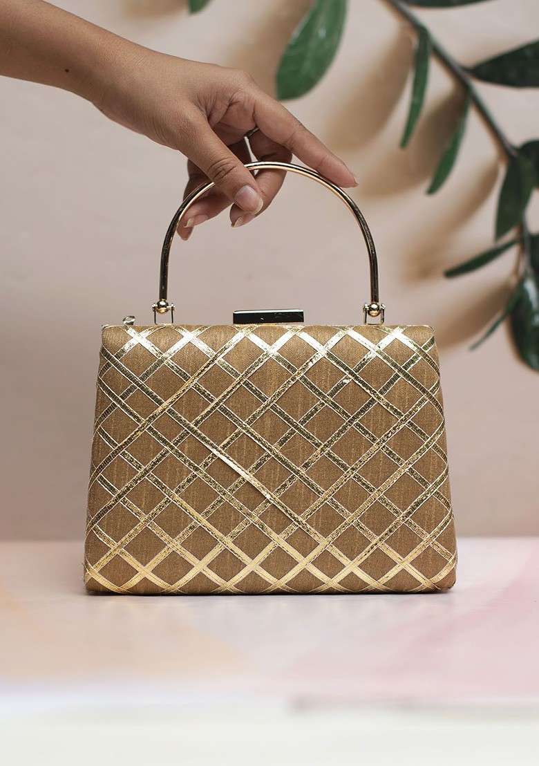 Brown Satin Embellished Gota Patti Fabric Party Box Clutch - Indya