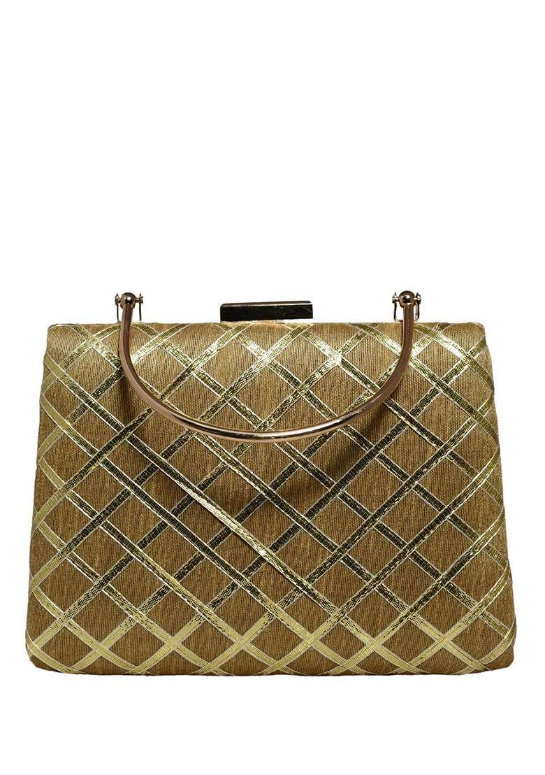 Brown Satin Embellished Gota Patti Fabric Party Box Clutch - Indya