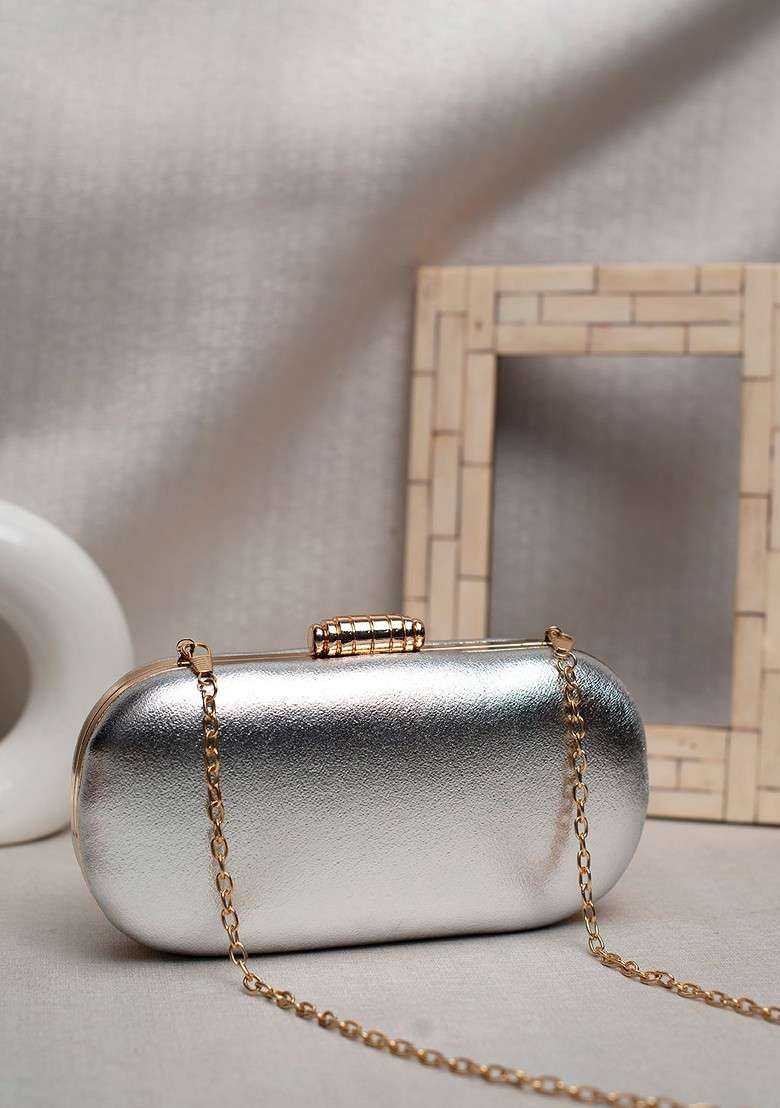 Silver Satin Women Textured Box Clutch - Indya