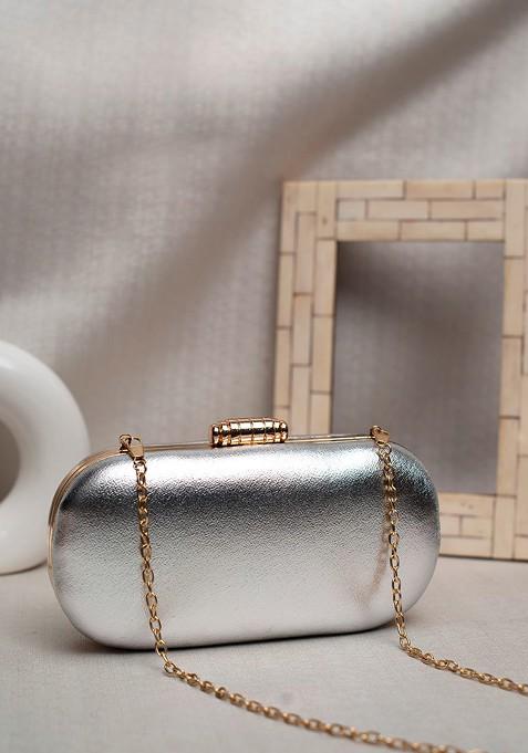 Silver Satin Women Textured Box Clutch