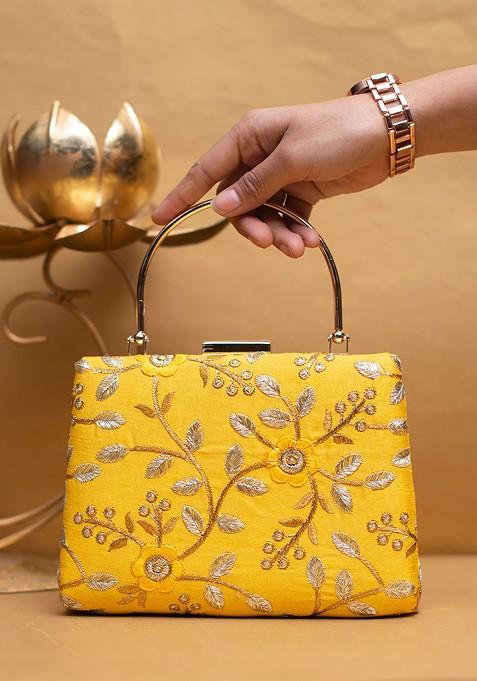 Yellow Satin Embroidered Box Clutch