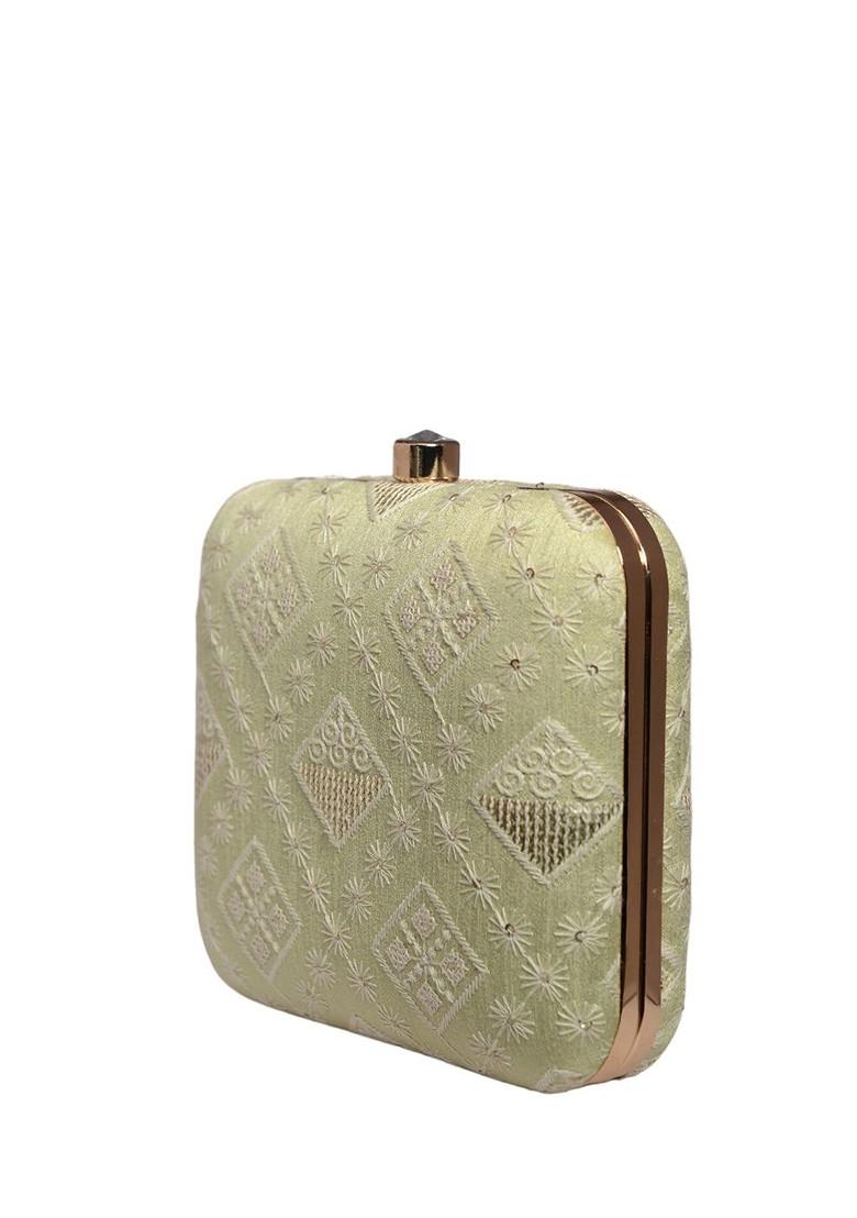 Lime Green Satin Embroidered Box Clutch - Indya
