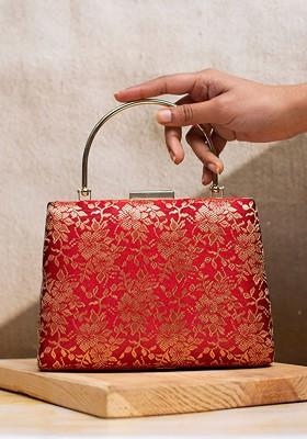 Red Satin Embroidered Box Clutch