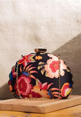 Black Fabric Printed Box Clutch