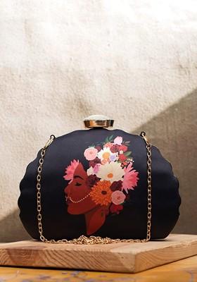 Black Fabric Printed Box Clutch