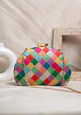 Pink Satin Embroidered Moon Shaped Box Clutch