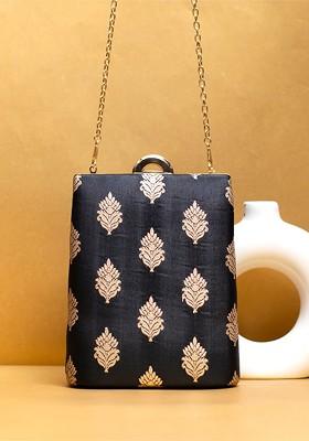 Black Satin Ethnic Motifs Embroidered Brocade Box Clutch