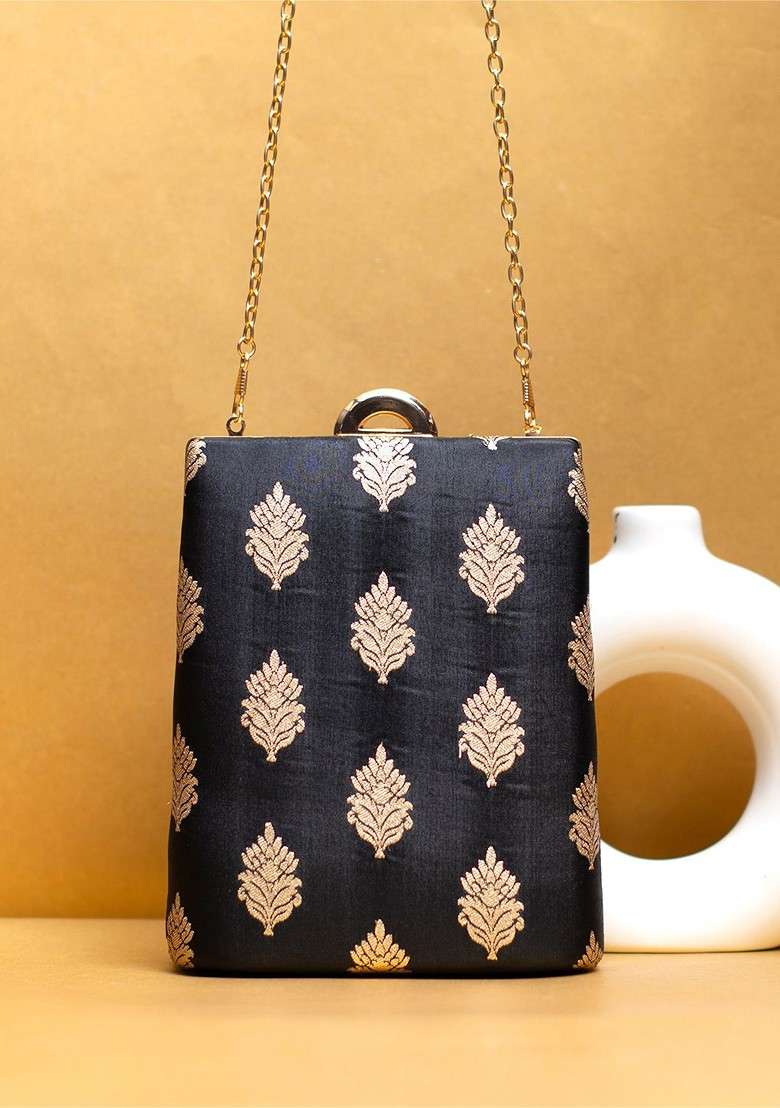 Black Satin Ethnic Motifs Embroidered Brocade Box Clutch - Indya