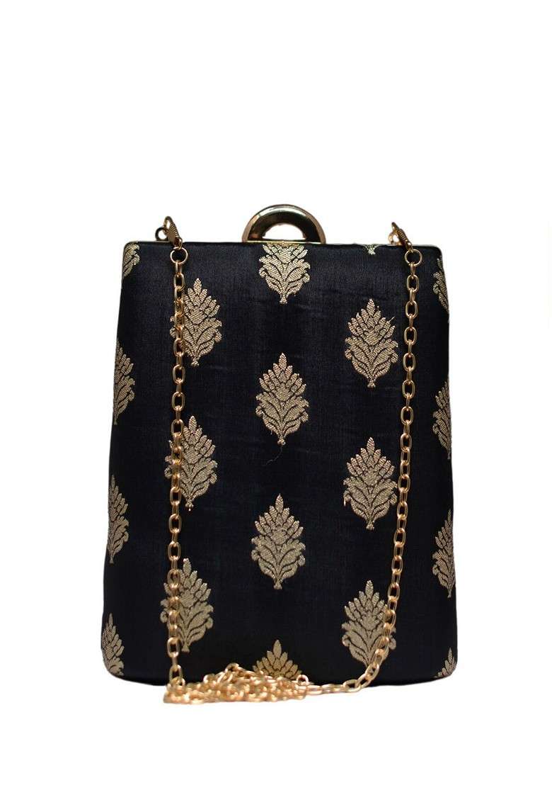 Black Satin Ethnic Motifs Embroidered Brocade Box Clutch - Indya