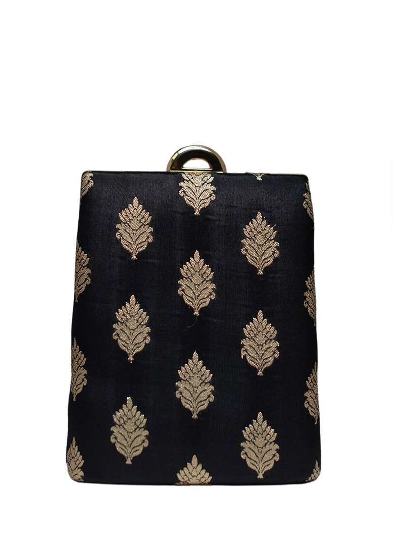 Black Satin Ethnic Motifs Embroidered Brocade Box Clutch - Indya