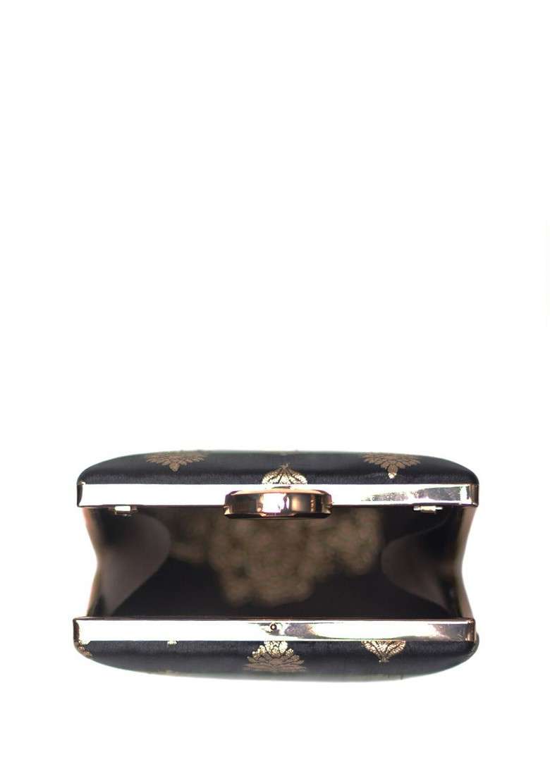 Black Satin Ethnic Motifs Embroidered Brocade Box Clutch - Indya
