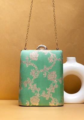 Green Satin Embroidered Brocade Box Clutch