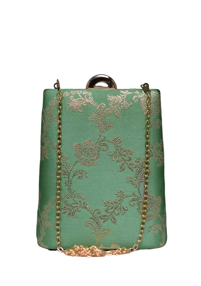 Green Satin Embroidered Brocade Box Clutch - Indya