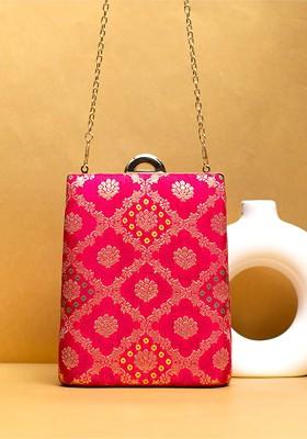 Magenta Satin Embroidered Brocade Box Clutch