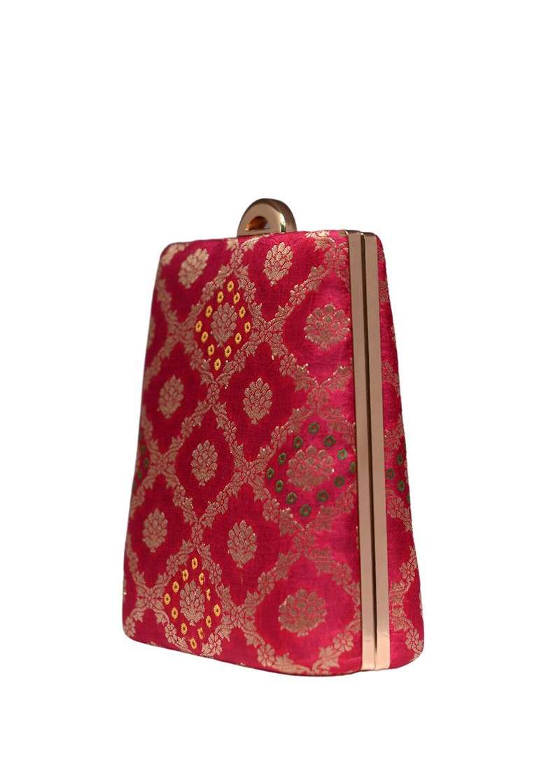 Magenta Satin Embroidered Brocade Box Clutch - Indya