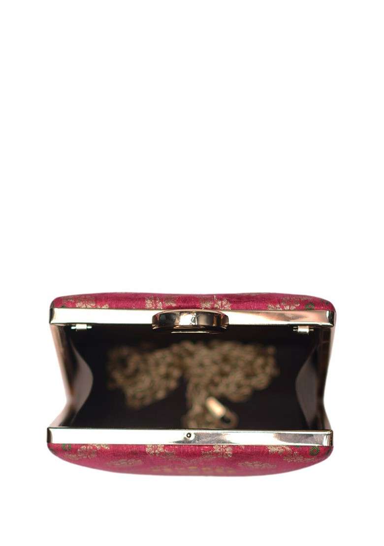 Magenta Satin Embroidered Brocade Box Clutch - Indya