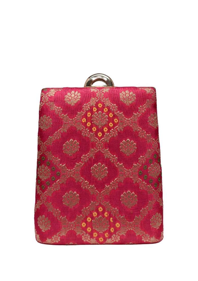Magenta Satin Embroidered Brocade Box Clutch - Indya