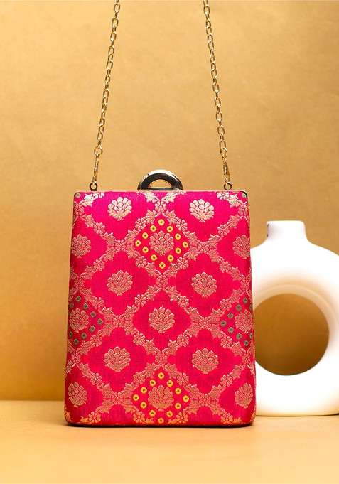 Magenta Satin Embroidered Brocade Box Clutch
