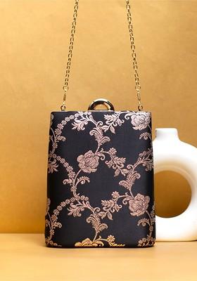 Black Satin Embroidered Brocade Box Clutch