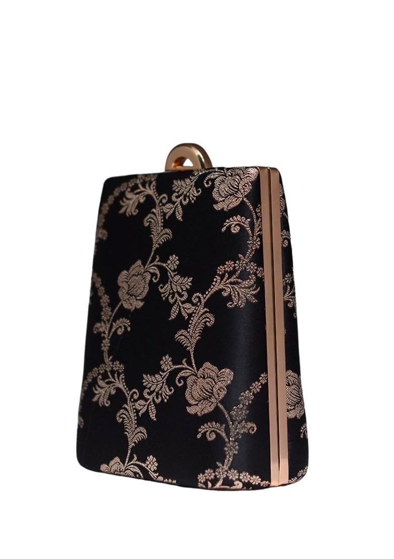 Black Satin Embroidered Brocade Box Clutch - Indya