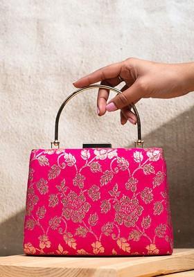 Pink Satin Embroidered Box Clutch