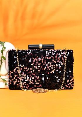 Black Satin Embellished Box Clutch
