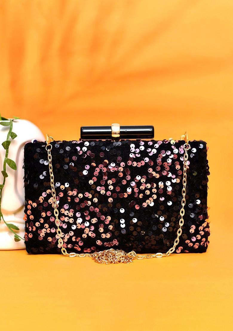 Black Satin Embellished Box Clutch - Indya