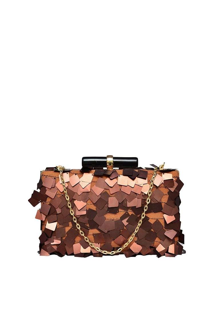 Brown Satin Embellished Box Clutch - Indya